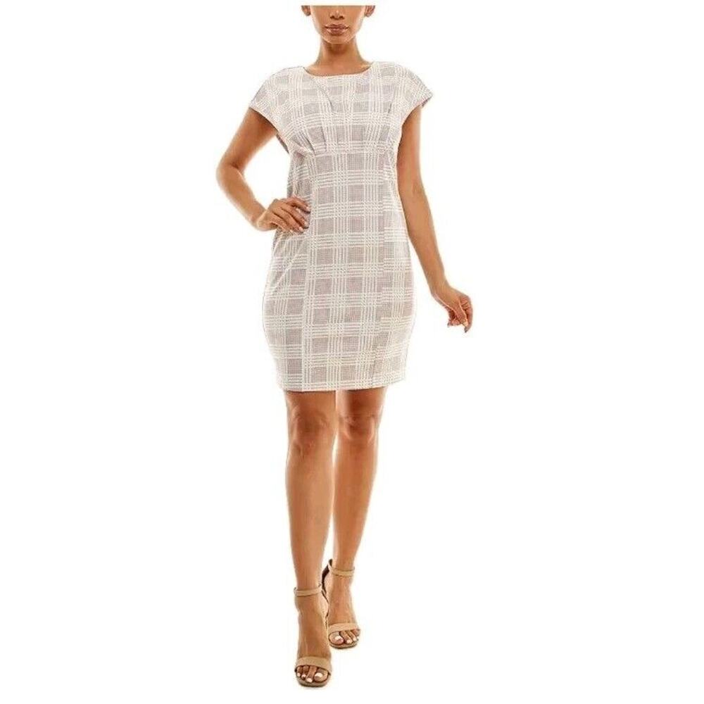 Nina Leonard Womens Printed Sheath Dress Sz Small Plaid Cap Sleeve Zip Up 3214